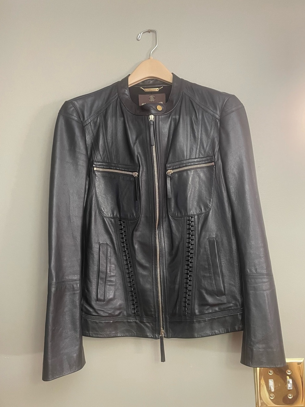 Roberto Cavalli Mainline Black Genuine Leather Silk Lined Zip-Up Jacket Size 46
